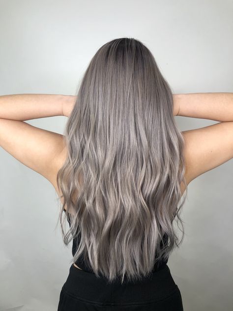 Light Brown To Grey Hair, Silver Ash Balayage, Light Ash Grey Hair, Smokey Ash Grey Hair Balayage, Ash Gray Hair Color For Morena, Greige Balayage Hair, Champagne Grey Hair, Ashy Hair Color Ideas, Ashy Grey Blonde Hair