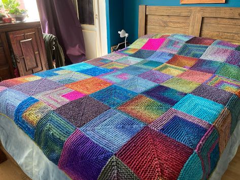 Scrap Knitting Blanket, Knit Squares Blanket, Knit Scrap Blanket, Abstract Knitting, Knitted Blanket Squares Patchwork Free Pattern, Knitted Mitred Squares Pattern, Mitred Squares Knitting, Mitered Square Knitting, Knitted Blankets Squares Block Patterns