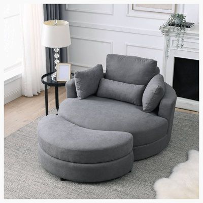 This comfortable and secure sofa chair is supported by beech wood feet at the bottom, which is safe and stable and can support up to 260 pounds. The cover is made of high-quality cotton and linen fabric, soft and breathable, comfortable and tasteless; The interior is filled with high density sponge, which is elastic and comfortable to sit. 360° rotating chassis, flexible response to demand. The backrest is foldable for easy storage and carrying. | Barrel Chair - Hokku Designs Markera 51" Wide Sw Sofa Chair Design, Dark Grey Sofa, Modern Sofa Chair, Dark Gray Sofa, Modern Swivel Chair, Lounge Club, Grey Sofa, Sofa Lounge, Daybed With Storage