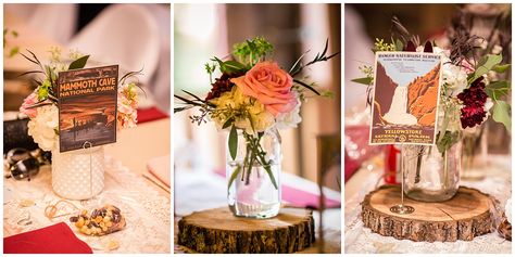 National Park-themed centerpieces from a rustic wedding at Lamborn Farm in Leavenworth, Kansas. National Park Wedding Centerpieces, National Park Centerpieces, Wooden Slab Centerpiece, National Park Wedding Theme, Guitar Wedding, Leavenworth Kansas, Themed Centerpieces, Dinner Centerpieces, Crafts With Glass Jars