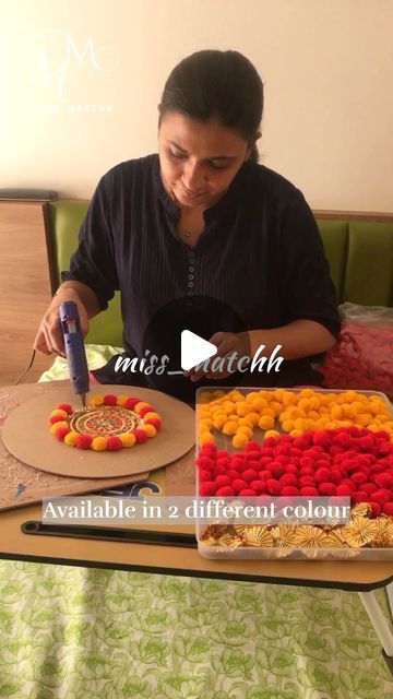 Quick Diwali Decor, Pompom Rangoli Designs, Rangoli Mats Making, Pom Pom Rangoli Designs, Rangoli Mat Designs, Diy Rangoli Mats, Diwali Decorations At Home Entrance Door, Ready Rangoli Designs, Ready Rangoli