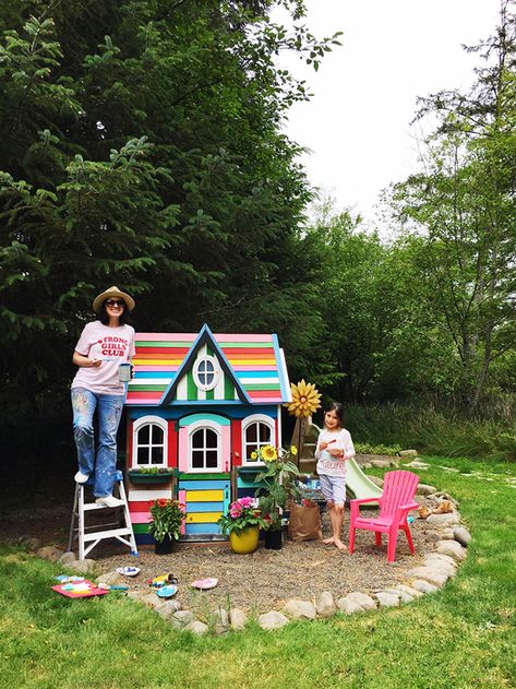 around these parts House Paint Ideas, Painted Playhouse, Fence Painting, Alisa Burke, Build A Playhouse, Wendy House, Cubby House, Outdoor Play Area, Rainbow Paint