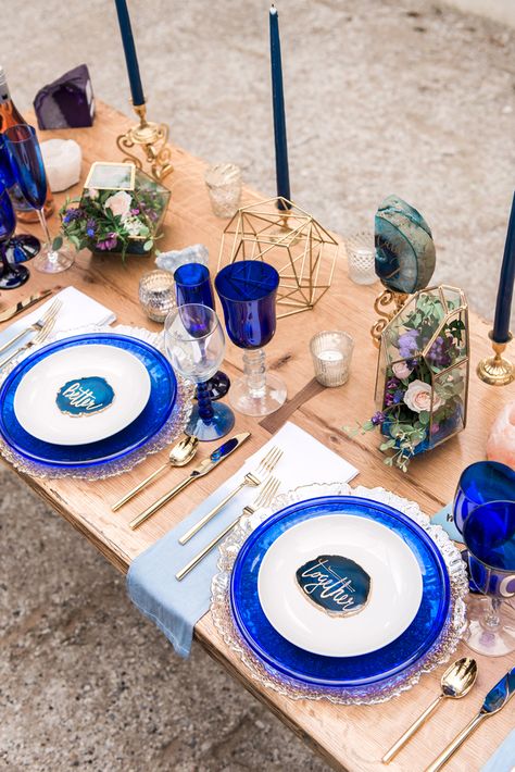 Better together calligraphy place settings on agate slices and cobalt blue glassware | Rose Quartz & Geode Wedding Inspiration | Patapsco Female Institute | Ellicott City MD by Marlayna Photography marlaynaphotography.com Click to see all the vendors from this shoot! Featured in Smitten Magazine Cobalt Blue Glassware, Greek Dinners, Geode Wedding, Ellicott City Md, Agate Wedding, Agate Slices, Blue Glassware, Ellicott City, Celestial Wedding