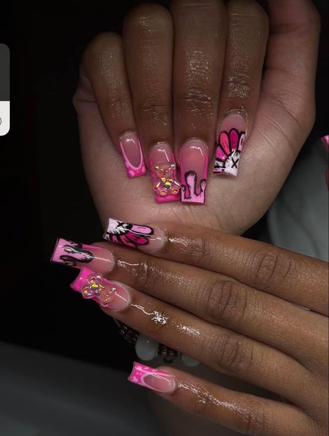 Kaws Nails Design With Charms, Kaws Flower Nails, Nails Ideas Medium Length, Medium Length Nails Designs, Back 2 School Nails, Kaw Nails, Back To School Nail Ideas, Pink Nail Inspo, French Tip Acrylics