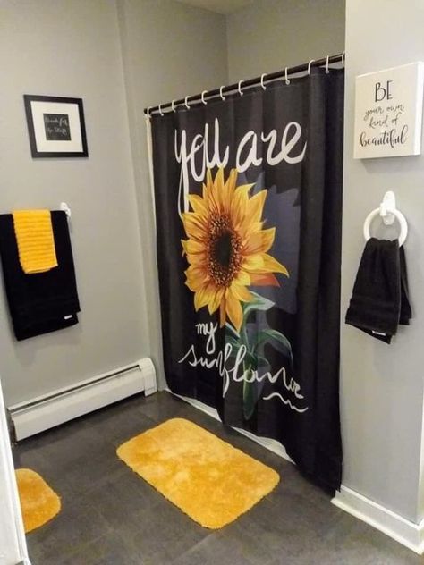 Victoria Conley Yellow Black Bathroom Ideas, Yellow Aesthetic Bathroom Ideas, Sunflower Themed Bathroom, Sunflower Bathroom Decor, Bathroom Decor Sunflower, Sunflower Bathroom, First Apartment Essentials, Black And Gold Bathroom Mats & Rugs, Pink Sunflowers