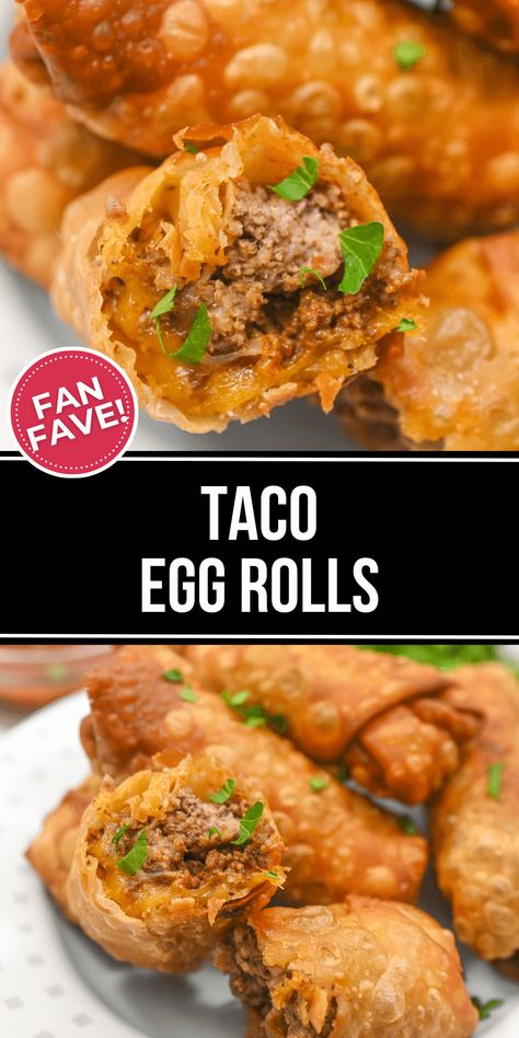 These Taco Egg Rolls are the perfect fusion recipe.  It combines the best of both worlds Asian and Mexican. They are a crispy and flavorful appetizers. Texmex Egg Rolls, Eggroll Wraps Recipes, Egg Roll Flavors, Mexican Eggroll, Taco Spring Rolls, Gf Egg Rolls, Hamburger Egg Rolls Recipes, Panda Express Spring Rolls Recipe, Egg Roll Tacos