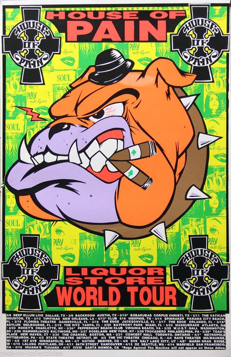 Frank Kozik 1993 House of Pain Liquor Store World Tour Silkscreen Poster Rare #PopArt #kozik Hip Hop Posters, House Of Pain, Frank Kozik, Hip Hop Poster, Graffiti Lettering Fonts, Sketch Tattoo Design, Concert Poster, Lowbrow Art, Tour Posters