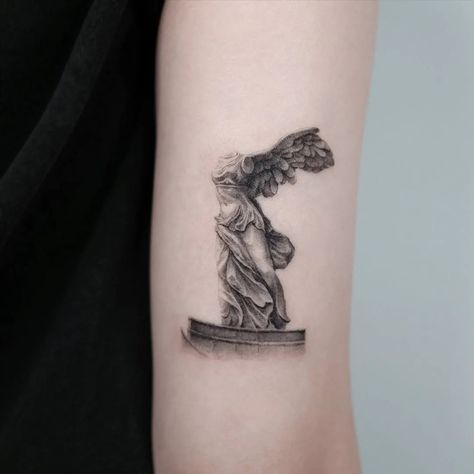 Please follow us for more tattoo works.IG： @solong_tattoo_official Victory Tattoo, Sculpture Tattoo, History Tattoos, Statue Tattoo, Greek Statues, More Tattoo, Greek Tattoos, Greek Sculpture, Tattoo Kits