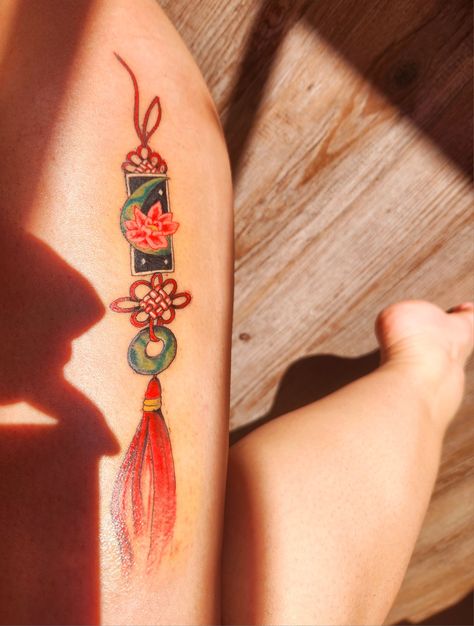 4/2/23 - Korean decoration- beautiful tassel that I still own from my mom. My one and only color tat hidden on thigh Korean Decoration, My One And Only, One And Only, My Mom, Tatting, Tassels, Tattoos, Color