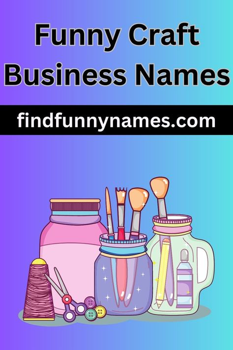 Look no further! We've got a list of funny craft business names that are sure to grab attention and boost your brand's appeal. Whether you're a crafty individual or running a craft shop, these names will add a touch of humor to your brand and make it memorable. So, get ready to unleash your creativity and have some fun with these hilarious craft business names. #craftbusiness #crafting #funnybusinessnames #branding #businessnames #handmade. Creative Names For Art Business, Funny Business Names, Creative Business Names List, Email Name Ideas, Craft Business Names, Gift Shop Names, Funny Taglines, Cute Business Names, Pun Names