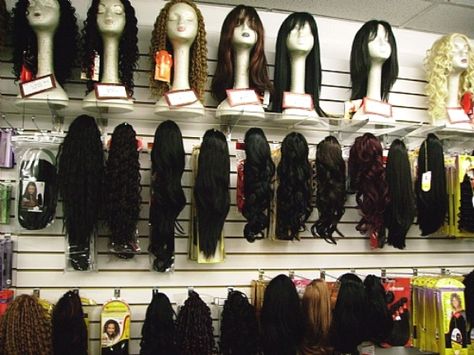 Slatwall Displays Beauty Supply Store Wigs, Wig Storage, Retail Pharmacy, Office Supplies Design, Braiding Hair Colors, Store Plan, Beauty Room Salon, Wig Display, Beauty Zone