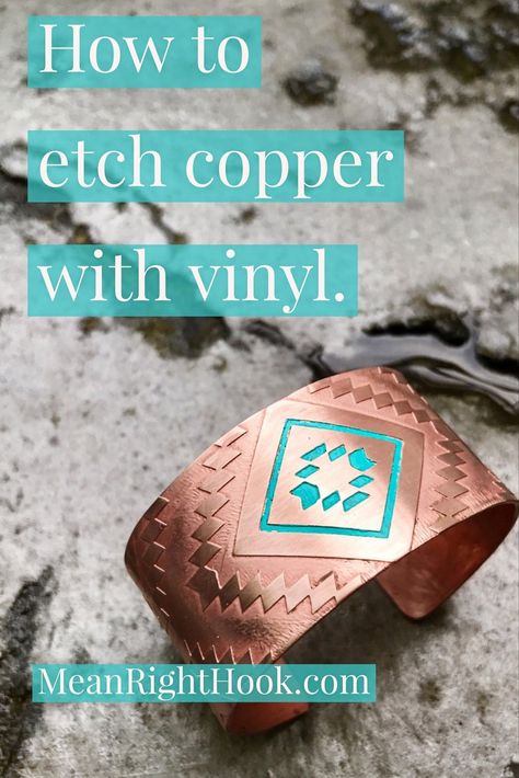 Etching copper with the cricut explore | MeanRightHook.com Metal Etching Diy, Metal Etching Tutorial, Etched Copper Jewelry, Copper Jewelry Diy, Etching Diy, Penny Jewelry, My Crazy Life, Etched Jewelry, Silversmithing Jewelry