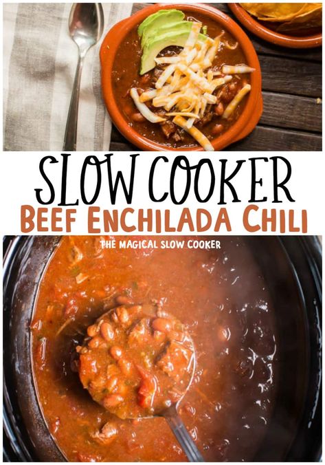 Slow Cooker Beef Enchilada Chili has great enchilada flavors and is amazing served with tortilla chips! - The Magical Slow Cooker Enchilada Chili, Mexican Recipies, Crockpot Mexican, Crockpot Soups, Slow Cooker Enchiladas, Beef Enchilada, Slow Cooker Recipes Beef, Crockpot Dinners, Healthy Beef