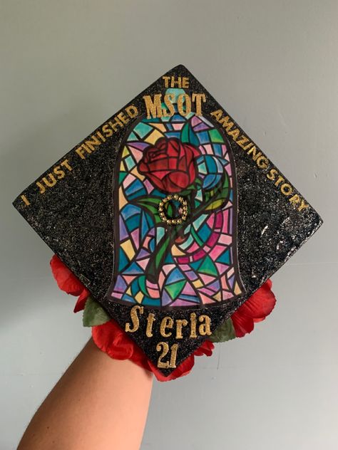 Disney. Beauty and the Beast. Occupational Therapy. Graduation. Grad. Cap. Beauty And The Beast Grad Cap Ideas, Graduation Cap Designs Beauty And The Beast, Beauty And The Beast Cap Graduation, Graduation Cap Designs Disney Princess, Disney Inspired Graduation Caps, Grad Cap Inspo Disney, Graduation Cap Designs Princess, Beauty And The Beast Grad Cap, Belle Graduation Cap