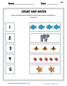 Count and Match Numbers 1-5 Worksheets - Academy Worksheets Count And Match Worksheets, Kindergarten Math Worksheets Free, 2nd Grade Spelling, Counting Objects, Matching Worksheets, Algebra Worksheets, Counting Worksheets, Grade Spelling, Spelling Lists