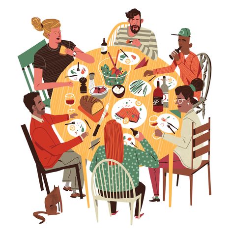 Illustration by Drew Bardana Football Drawing, Friends Illustration, Art Friend, Drawings Of Friends, Family Illustration, Dinner With Friends, People Illustration, Kitchen Cooking, Editorial Illustration