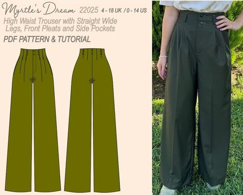 Pattern. Wide leg trouser with high waist, front pleats and side pockets. Sizes 4–18 UK / 0–14 US. Intermediate sewing project. Pants Sewing Pattern Free, Trouser Sewing Pattern, Wide Leg Pants Pattern, Pattern Trousers, Pant Pattern, Sewing Projects Clothes, Metric System, Seam Allowance, Pants Sewing Pattern