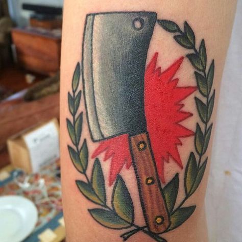 Cleaver Tattoo by Matt Deleo #cleaver #knife #knifetattoos #butcher #MattDeleo | May 12th 2016 | 23167 Meat Cleaver Tattoo, Cleaver Tattoo, Butcher Knife Tattoo, Butcher Knives, Knife Tattoo, Floral Tattoos, Meat Cleaver, Cleaver Knife, Butcher Knife