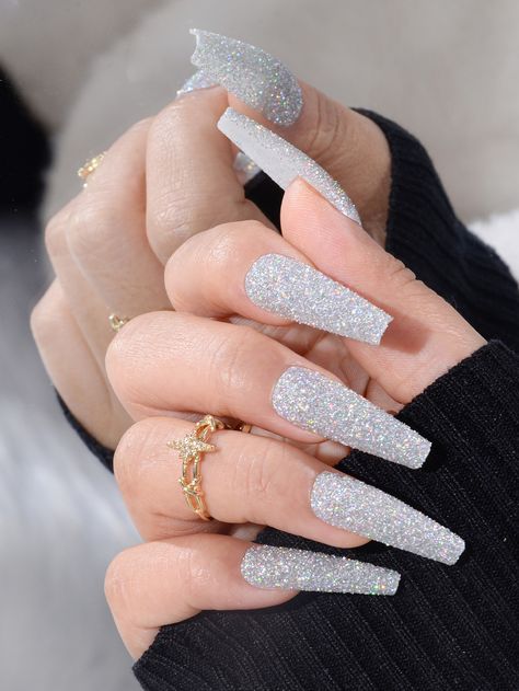 Silver  Collar   Blingbling Color Nails Embellished   Beauty Tools Gel Nails Long, Silver Nail Designs, Silver Glitter Nails, Wedding Nails Glitter, Ballerina Nails, Nail Forms, Sparkly Nails, Silver Nails, Nail Art Hacks