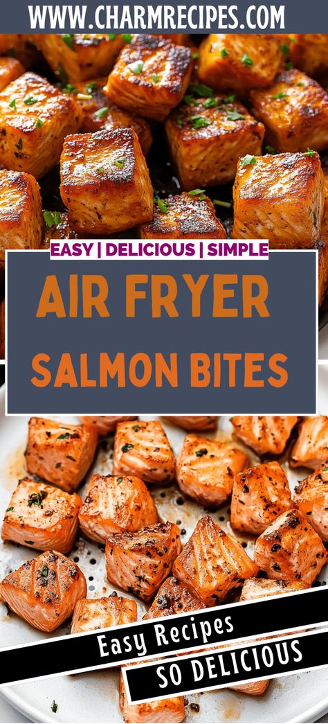 Air Fryer Salmon Bites Air Fryer Salmon Bite Bowls With Chili Crunch, Candied Salmon Air Fryer, Parmesan Salmon Bites, Salmon Cubes Air Fryer, Salmon Pieces Recipes, Air Fryer Crab Bites, Crispy Salmon Bites Air Fryer, Salmon Air Fryer Bites, Salmon Bites Recipe Air Fryer