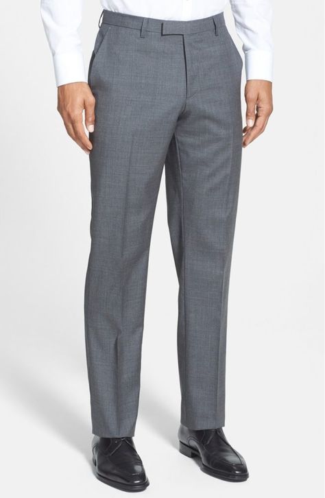 BOSS 'Sharp' Flat Front Wool Trousers - summer dress pants for men Formal Pant For Men, Man Trousers, Check Trousers, Formal Men Outfit, Formal Mens Fashion, Formal Pants, Checked Trousers, Mens Casual Dress Outfits, Men Trousers