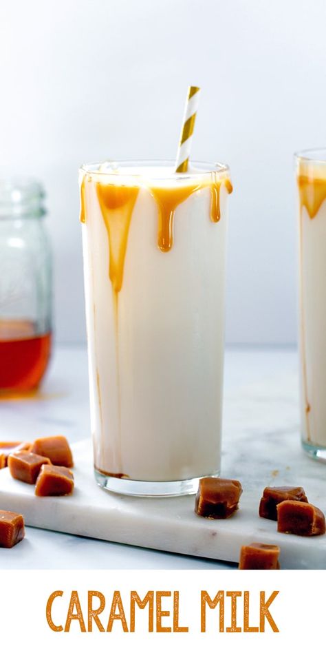 Caramel Milk -- This homemade Caramel Milk is a simple and delicious treat that uses a caramel syrup instead of caramel sauce for easy stirring and extra sweet and buttery flavor impact. It's a flavored milk that will be loved by both kids and adults! via @wearenotmartha Flavored Milk Recipes, Almond Milk Drinks, Dairy Milk Caramel, Fall Sweets, Easy Caramel, Caramel Bits, How To Make Caramel, Vanilla Milk, Homemade Syrup