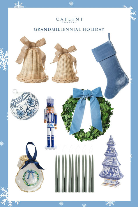 Step into a festive world where vintage allure meets coastal elegance. 🎄 Our Grandmillennial Holiday Collection features timeless decor, from woven bells and classic nutcrackers to beautiful blue and white accents. Elevate your holiday celebrations with a touch of grandmillennial magic and coastal serenity. Shop Cailíní Coastal's curated selections for a unique holiday touch. 🌊 #GrandmillennialHoliday #CoastalChicDecor Grandmillennial Christmas, Blue Nutcracker Christmas, Grandmillennial Christmas Tree, Blue Chinoiserie Christmas Tree, Navy Nutcracker, Blue And White Nutcracker, Chinoiserie Nutcracker, Coastal Chic Decor, Grand Millennial Style