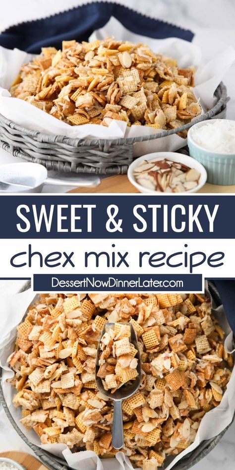 Sticky Chex Mix Recipe, Sweet Chex Mix Recipe, Chex Mix Ingredients, Chex Mix Recipes Sweet, Sweet Chex Mix, Chex Recipes, Sweet Chex, Chex Mix Christmas, Butter Syrup