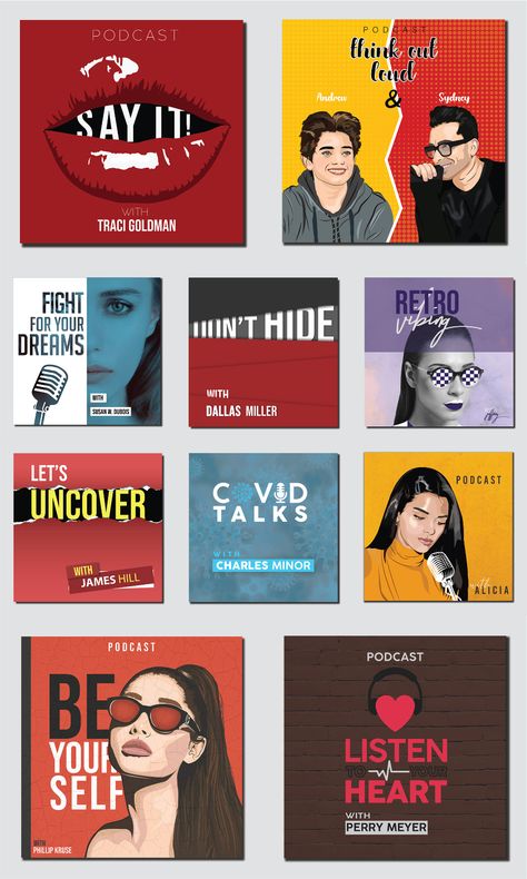 Podcast Cover Art | part 1 on Behance Podcast Branding Inspiration, Creative Podcast Cover Art, Podcast Cover Inspiration, Podcast Covers Art, Podcast Logo Ideas Women, Podcast Artwork Cover, Podcast Cover Design Inspiration, Podcast Cover Art Design, Podcast Art Cover