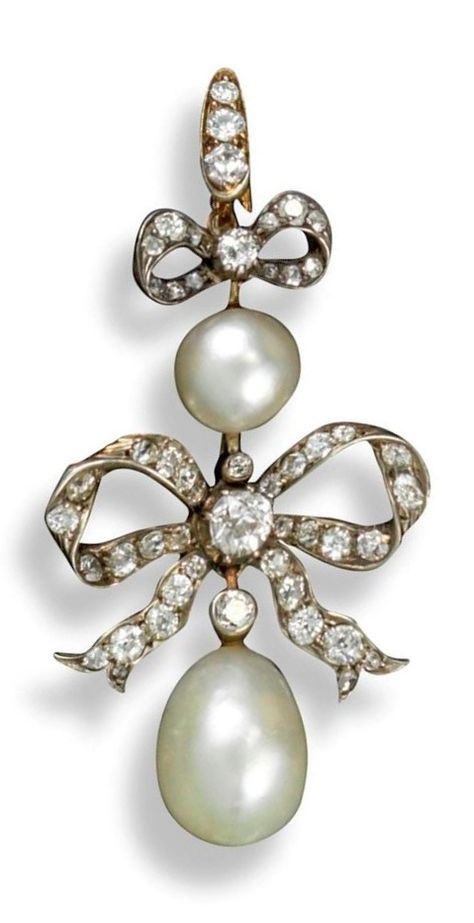 An antique pearl and diamond pendant, late 19th century. Designed as a diamond-set bow suspending from a pearl with diamond-set bale and suspending a larger drop-shaped pearl. Set in silver and gold. Detachable bale. 5cm high. Fitted case by Harvey & Gore. Natural Pearl Earrings, Pearl Jewels, Edwardian Jewelry, Handmade Earring, Bow Jewelry, Indian Wedding Jewelry, Pearl Earring, White Gold Earrings, Gold Earring