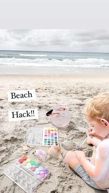 Motherhood | Mandy Roberson on Instagram: "Headed to the beach this summer with kids? Pack some water color paints in your beach bag! After your kids collect shells, just fill up a bucket with water and they can paint them right there on the beach! It doesn’t get much more fun than that! I learned this hack from @alex_a_jeffries ! #beachhacks #momhacks #momhack #travelwithkids #kidsactivities #toddleractivities #toddlercrafts" Art To Do At The Beach, Best Beach Hacks, Beach Day Essentials Kids, Kid Beach Hacks, Beach With Kids Hacks, Kids Beach Must Haves, Kid Beach Activities, Mom Beach Hacks, Beach Hacks With Kids