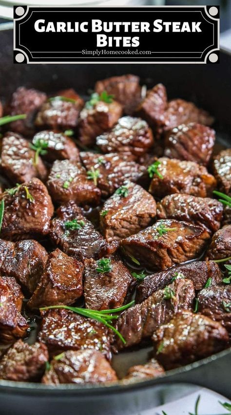 These Garlic Butter Steak Bites are full of flavor and incredibly savory. With a delicious cast-iron crust and cooked to perfection, these steak tips are going to be a hit at your dinner table. Braised Beef Recipes, Garlic Butter Steak Bites, Butter Steak Bites, Balsamic Steak, Ribeye Steak Recipes, Steak Bites Recipe, Steak Tips, Butter Steak, Honey Balsamic