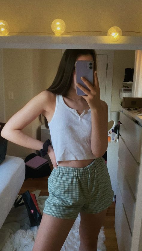 cute aesthetic comfy summer outfit (all items are from brandy melville) Comfy Shorts Outfit, Cute Pj Outfits, Brandy Outfit, Cozy Summer Outfits, Pj Outfit, Pajamas Aesthetic, Comfy Summer Outfits, Lounge Outfit, Lazy Outfits