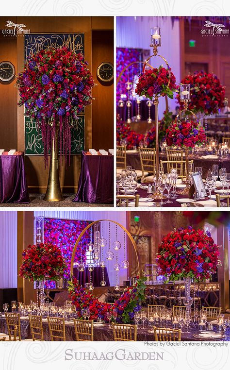 Purple Red And Gold Party Decorations, Purple And Gold Wedding Centerpieces, Red Purple And Gold Wedding, Purple And Red Wedding Theme, Purple Wedding Reception, Bride Groom Table, Gold Wedding Reception, Purple And Gold Wedding, Wedding Color Combinations