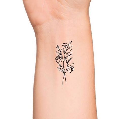 Dog Birth Flower Tattoo, Paw Print Flower Bouquet Tattoo, Pet Flower Tattoo, Dog Print Flower Tattoo, Paw Print Bouquet Tattoo, Dog Tribute Tattoo Small Flower, Puppy Flower Tattoo, Dog And Flower Tattoo, Beagle Tattoo