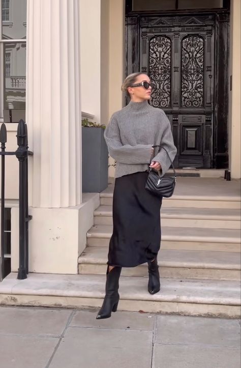 Long Skirt And Trainers Outfit, Silk Skirt Outfit Christmas, Silk Skirt Street Style, Black Satin Skirt Outfit Winter, Slip Skirt Outfit Fall, Black Satin Midi Skirt Outfit, Satin Skirt Outfit Winter, Minimal Outfit Winter, European Style Outfits