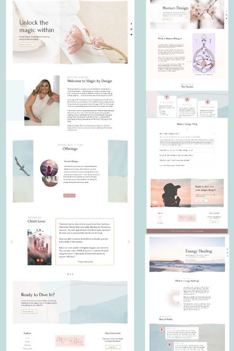 Website design screenshots for healer, human design coach. Light blues, pinks, flowers, ocean images. Spiritual Website, Web Design Websites, Feminine Wordpress Theme, Webdesign Inspiration, Custom Website Design, Energy Healer, Custom Website, Human Design, Shopify Theme