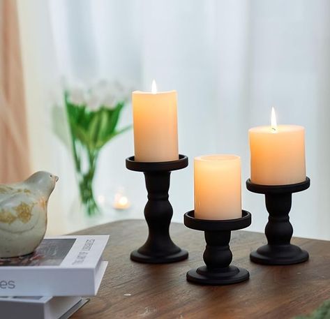 Amazon.com: Willceka 3 Pcs Clear Candle Holder, Pillar Candle Holder Set, Glass Candlesticks Holders Taper Candles Tealight (Black) : Home & Kitchen Home Decor With Candles, Candle Holders On Mantle, Big Candles Decor, Big Candles Decor Living Rooms, Black House Decor, Clear Candle Holders, Clear Candle, Clear Candles, Candle Display