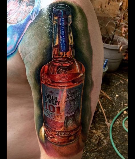 Wild Turkey Bottle Arm Piece | Best tattoo design ideas Small Whiskey Tattoo, Bourbon Tattoo Ideas, Whisky Tattoo Ideas, Bottle Of Whiskey Tattoo, Traditional Whiskey Bottle Tattoo, Wild Turkey Tattoo, Whiskey Tattoo, Turkey Tattoos, Wild Turkey Whiskey