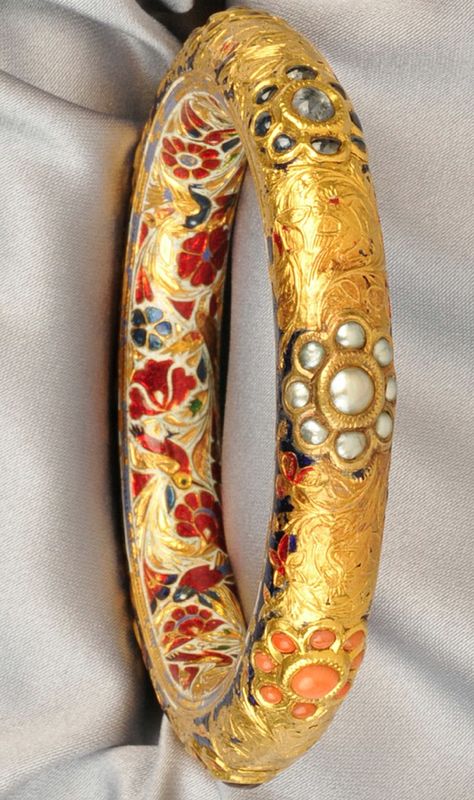 Gold and Enamel Gem-set Bangle, India, set with various foil-back cabochons, the interior with fine floral and foliate polychrome enamel, interior cir. 7 in. Meenakari Bangles, Indian Bangles, Bangles Indian, Gold Bangles Design, India Jewelry, Royal Jewels, Traditional Jewelry, Ethnic Jewelry, Shopping Center