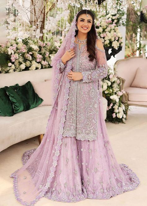 Lilac Wedding Dress Pakistani, Lavender Sharara Dress, Lilac Sharara, Farshi Sharara, Lavendar Dress, 3d Embellishment, Bridal Embroidery, Wedding Fits, Mehndi Dresses