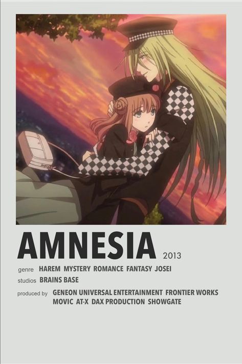 Amnesia minimal anime poster Romance Anime List, Memories Anime, Poster Information, Anime Minimalist Poster, Amnesia Anime, Anime Suggestions, Good Anime Series, Animes To Watch, Poster Anime