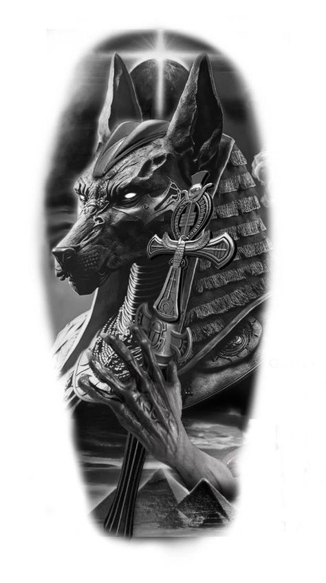 Anubis Shoulder Tattoo, Realistic Egyptian Tattoo Design, Egypt God Tattoo, Ancient Egyptian Tattoo Ideas, Anubis Tattoo Sketch, Eygptain Tattoos Design, Egyptian Sleeve Tattoo, Anubis Tattoo Design Ideas, Egypt Tattoo Design Ideas