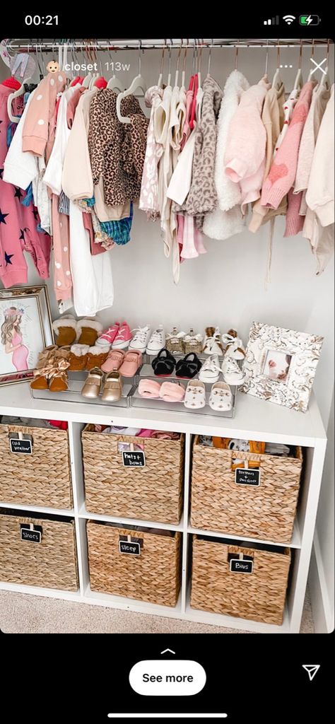 Nursery Ideas Renter Friendly, Nursery Closet Organization Walk In, Cottage Core Baby Nursery, Mini Nursery In Parents Room, Nursery And Office Combo, Nursery Set Up Layout, Baby Nursery Organization Ideas, Baby Storage Ideas, Nursery Organization Ideas