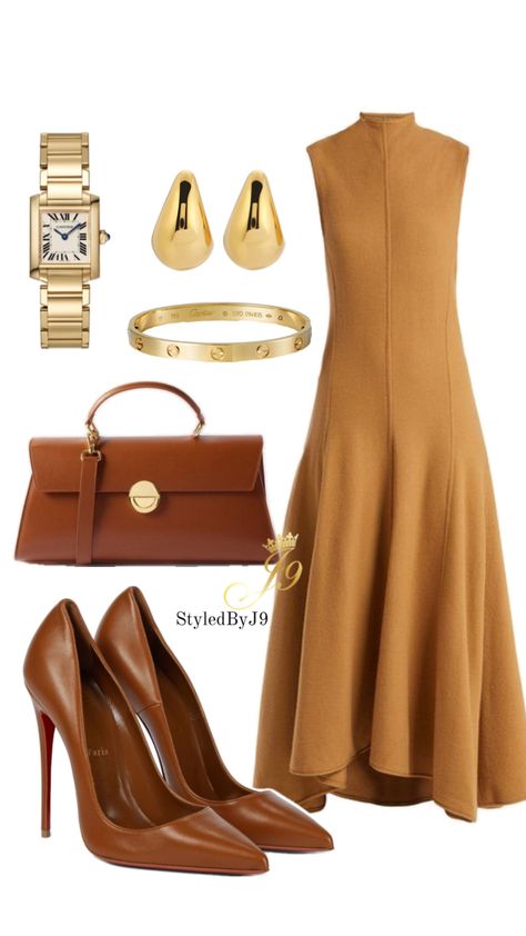 Mustard midi dress, Cartier watch gold Cartier bracelet, gold chunky gold water drop earrings, dark tan Christian La Boutin heels dark Tan top handle bag leather Jw Meeting, Meeting Outfit, Business Chic, Office Outfit, Office Outfits, Work Outfit, Outfit Inspo