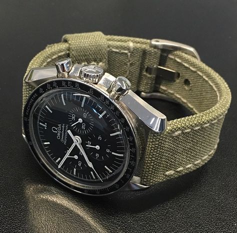 Vintage canvas strap by Red Rock Straps on Omega Speedmaster Speedmaster Omega, Trendy Watches, Mens Fashion Watches, Amazing Watches, January 22, Stylish Watches, Vintage Canvas, Rolex Gmt, Custom Watch