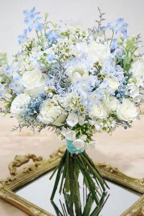 simple spring summer light blue and white wedding bouquet Blue Hydrangea Wedding, Hydrangea Bouquet Wedding, Unique Wedding Bouquet, Spring Wedding Bouquets, Summer Wedding Bouquets, Blue Wedding Bouquet, Silk Wedding Bouquets, Light Blue Wedding, Hydrangeas Wedding