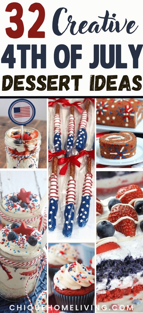 Celebrate with a sweet twist! Discover these 32 delectable patriotic dessert ideas to add a star-spangled touch to your festivities. From red, white, and blue cupcakes to flag-themed treats, find the perfect sweets for your 4th of July celebration. 🍰🇺🇸 #PatrioticDesserts #FourthOfJuly #FestiveTreats 4th Of July Themed Desserts, Fourth Of July Baking, Fourth Of July Dessert Recipes, 4th Of July Dessert Ideas, 4th Of July Music, Red White And Blue Cupcakes, White And Blue Cupcakes, Patriotic Recipes, 4th Of July Dessert