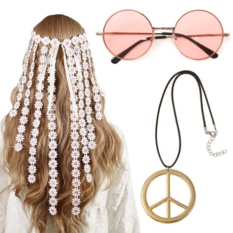 Easy Hippie Hairstyles, Daisy Sunglasses, Hippie Glasses, Hippie Sunglasses, Sunflower Headband, Hippie Accessories, 60s Hippie, Headband Gold, Peace Sign Necklace