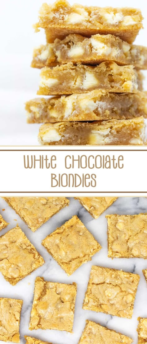 White Chocolate Blondies - soft and chewy, mouth-watering vanilla brownies with white chocolate chips. #whitechocolateblondies #vanillabrownies #dessertbars #whitechoocolate #blondies #blondiebars #whitechocolatechips #vanillabrowniesblondies via @SarahsBakeStudio Brownies With White Chocolate Chips, Brownies With White Chocolate, Chocolate Blondies Recipe, Vanilla Brownies, Tartiflette Recipe, White Chocolate Brownies, Chocolate Blondies, White Chocolate Blondies, Blondies Recipe